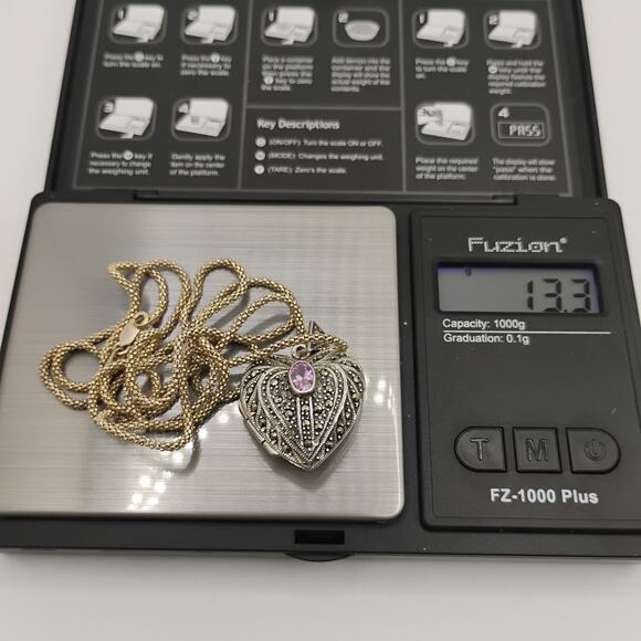 Locket with Marcasite and Pink CZ in Sterling Silver on a 28-in Danecraft Chain - Picture 7 of 7